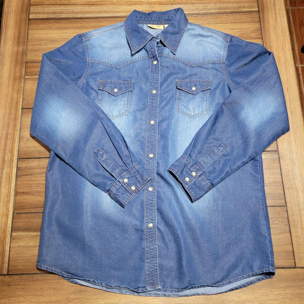 Wrangler Full Pearl Snap LS Ladies Western Shirt Denim Navy - Size Large